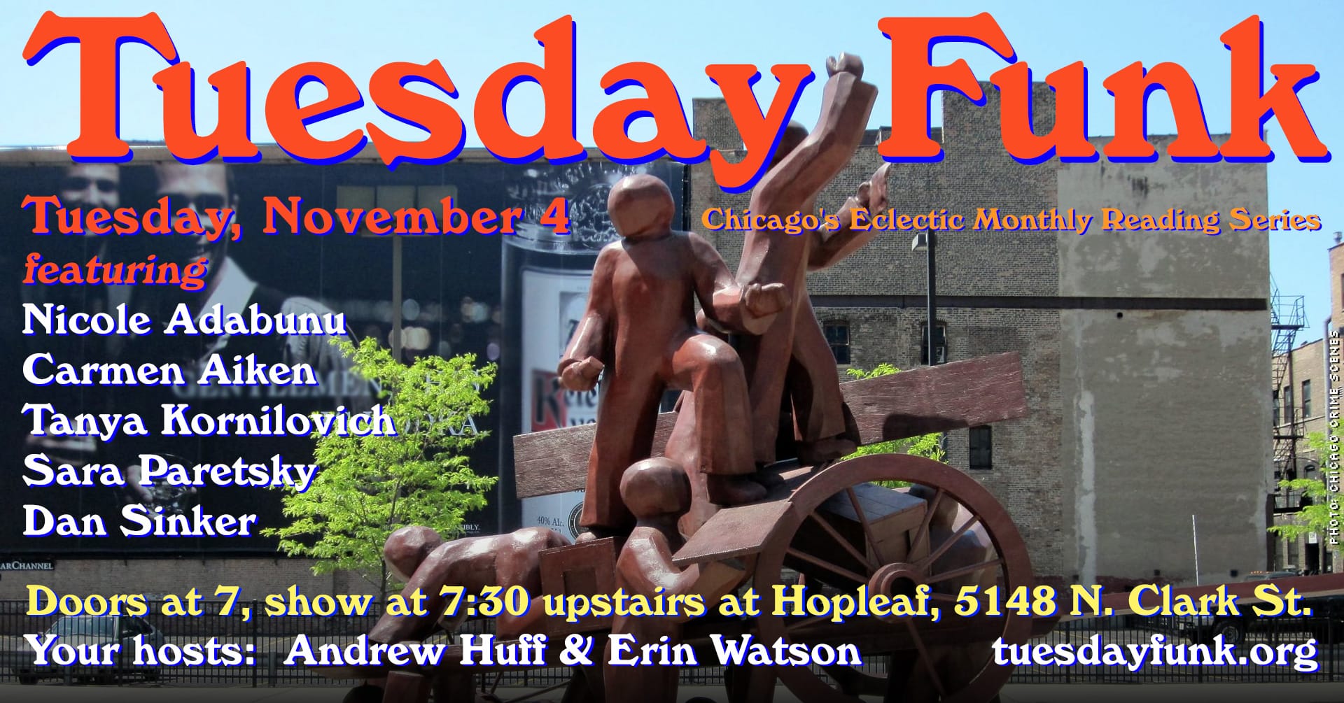 Postcard for Tuesday Funk #164, Nov. 4 2025, featuring Nicole Adabunu, Carmen Aiken, Tonya Kornilovich, Sara Paretsky and Dan Sinker